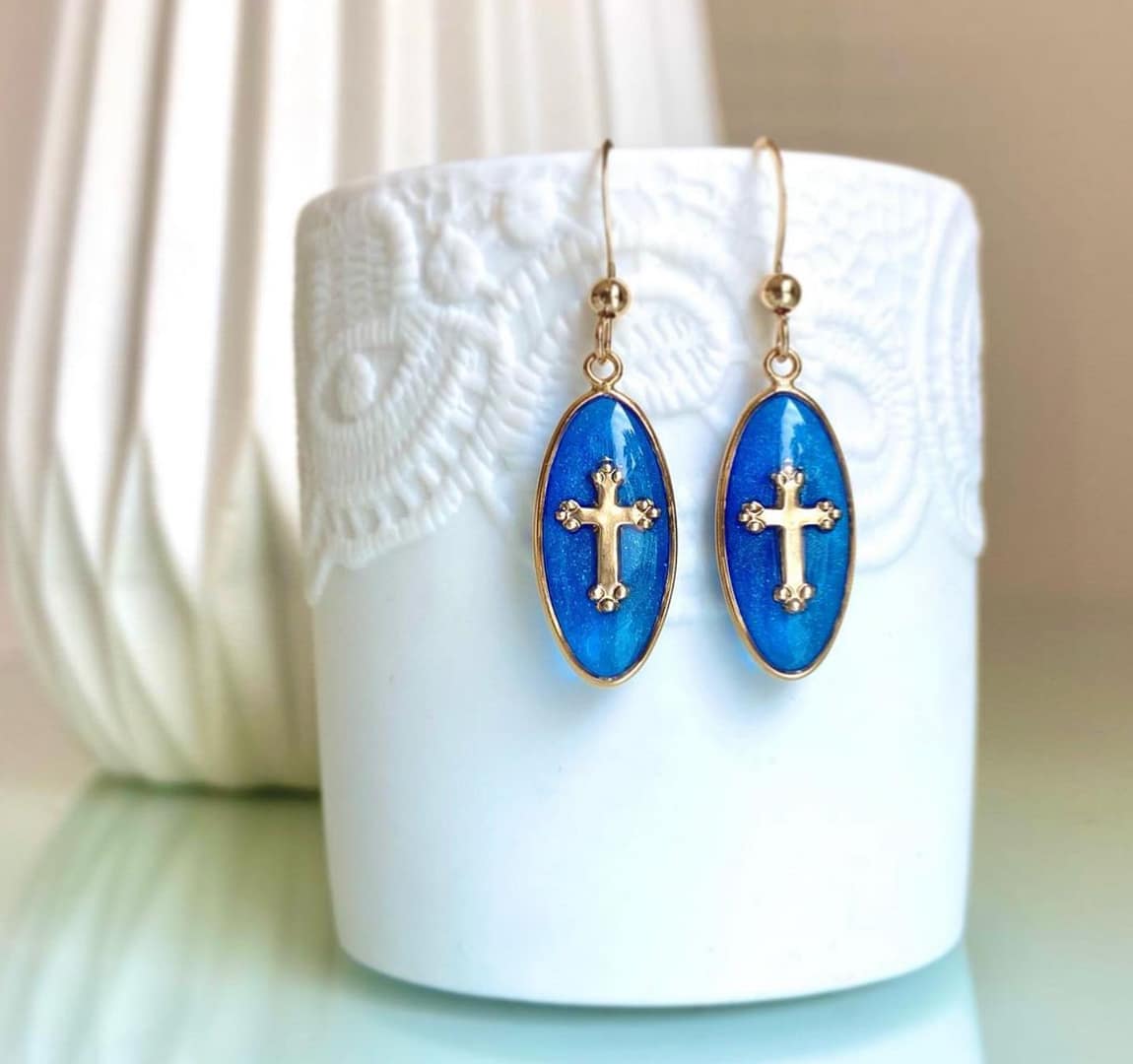 Boucles d’oreilles Ovales Croix - Bleue – Image 2