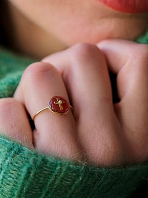 Bague « 54 » croix et micro perle - rouge