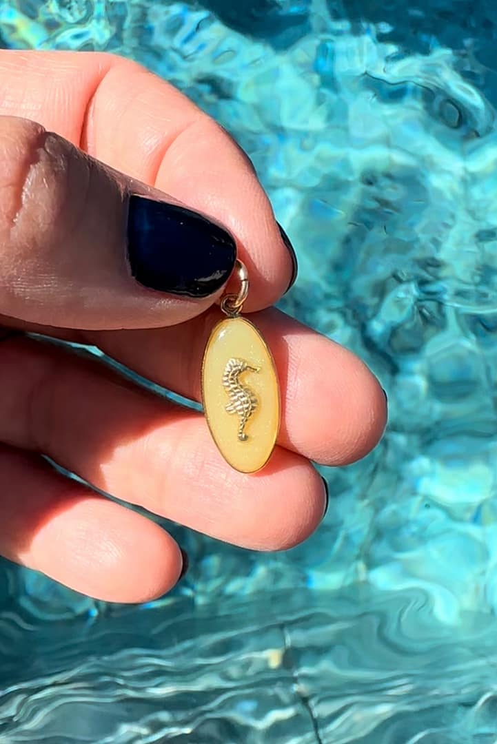 Médaille ovale hippocampe jaune phosphorescente