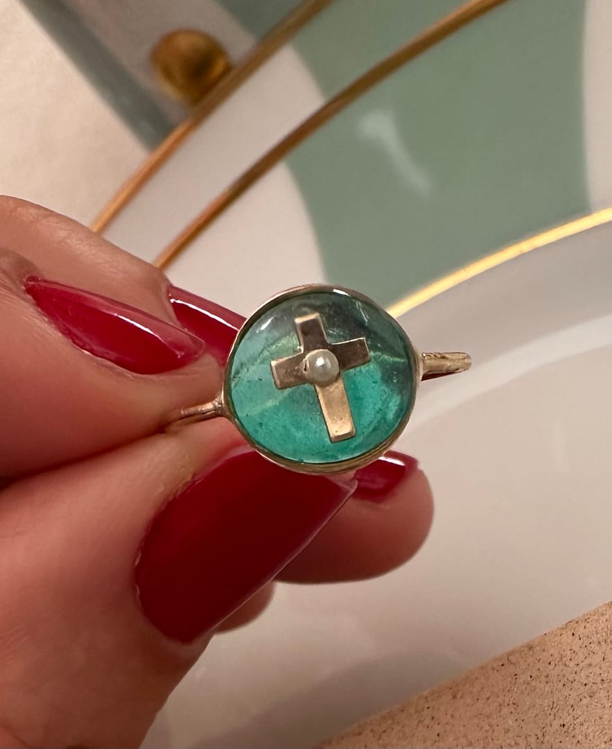 Bague "T52" Croix sertie d’une Micro Perle - Bleue turquoise