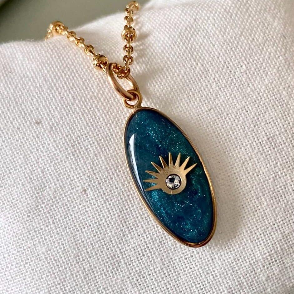 Médaille Ovale Oeil sertie d’un Diamant - Bleu Paon